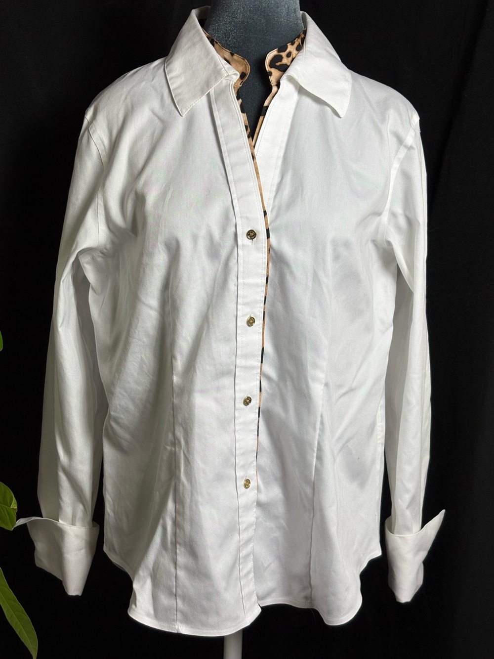 Calvin Klein Women’s White Dress Shirt with Leopard-Trim Placket